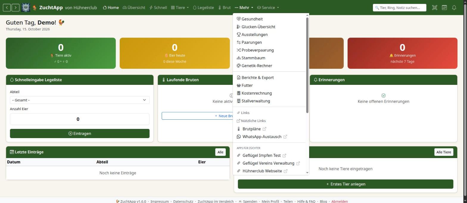 Menü Mehr aufgeklappt