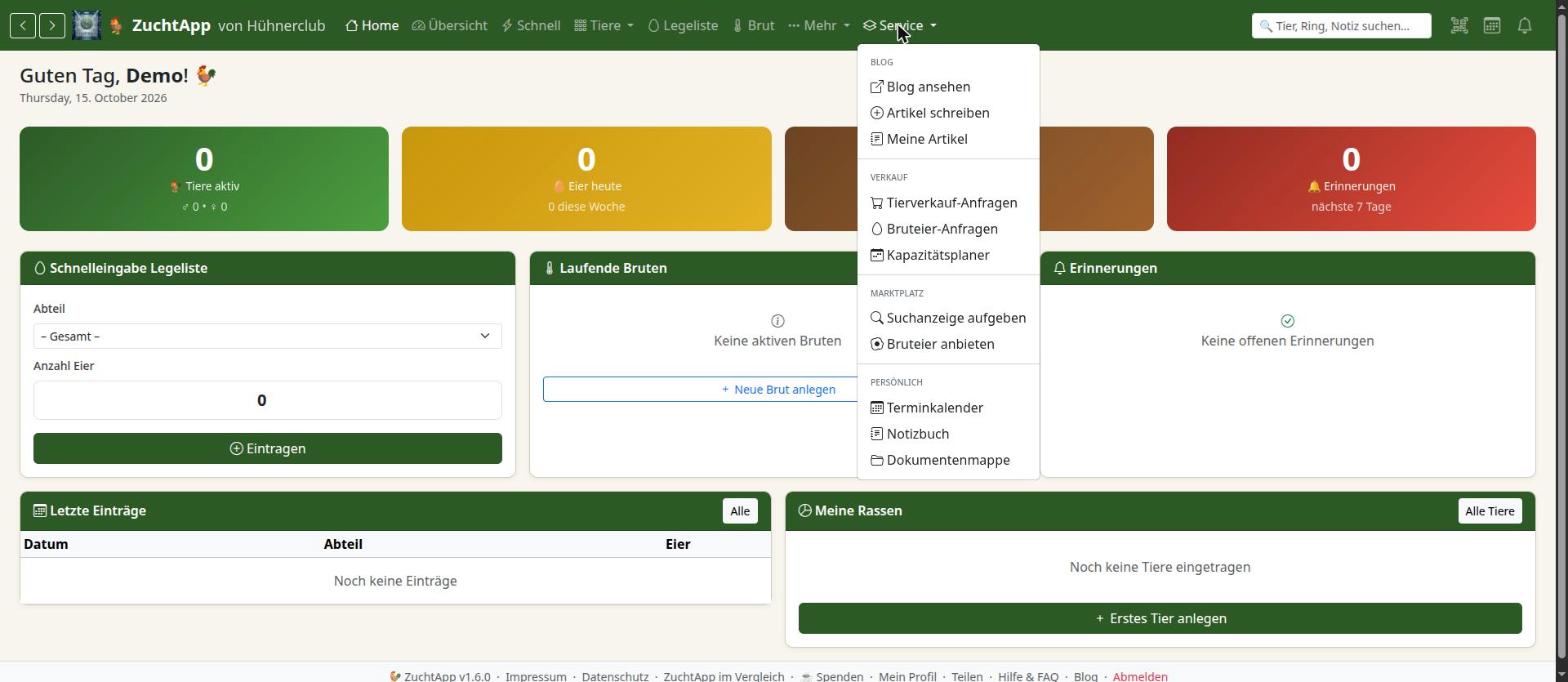 Menü Service aufgeklappt